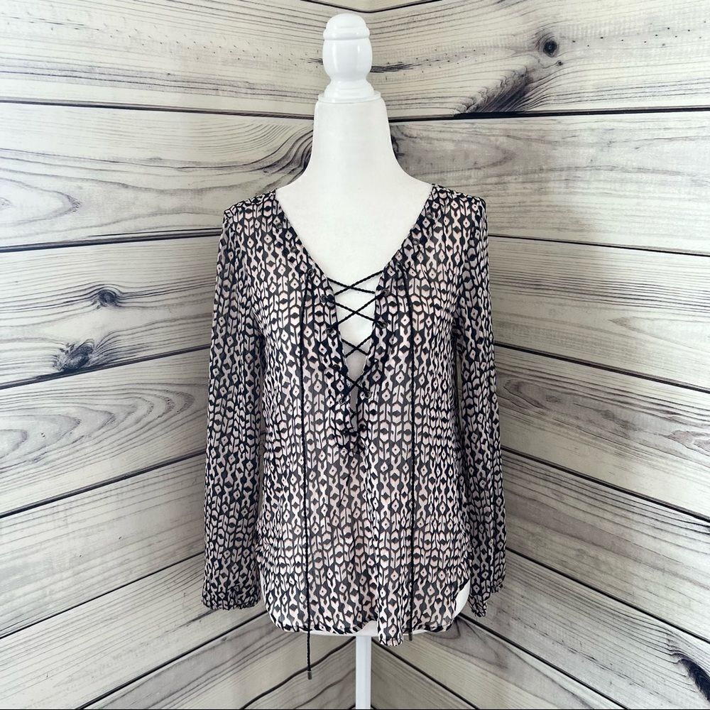 Jessica Simpson Navy & Pink Lace Up Long Sleeve Blouse Size XS